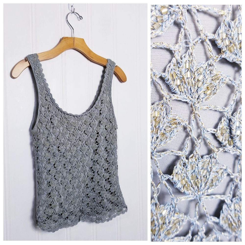 Vintage Carmen Marc Valvo Tank M Beaded Crochet Metallic Lace Y2K Gray Party Top
